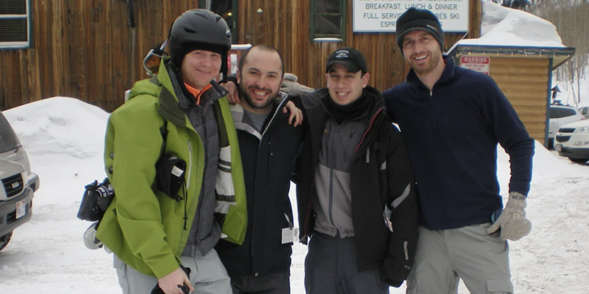 Jonathan Greer, Kevin Morse, Ben Paull and Paul DeRemer, his friends and fellow Leeds alumni