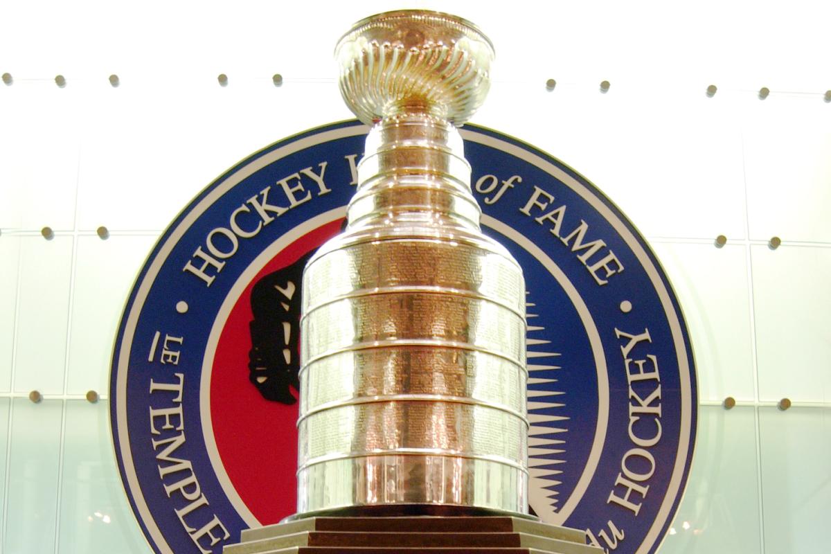 The Stanley Cup on its pedestal in the Hockey Hall of Fame.