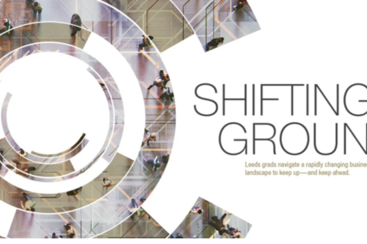 Graphic reads, "Shifting Ground" on the cover of the 2022 Business at Leeds magazine