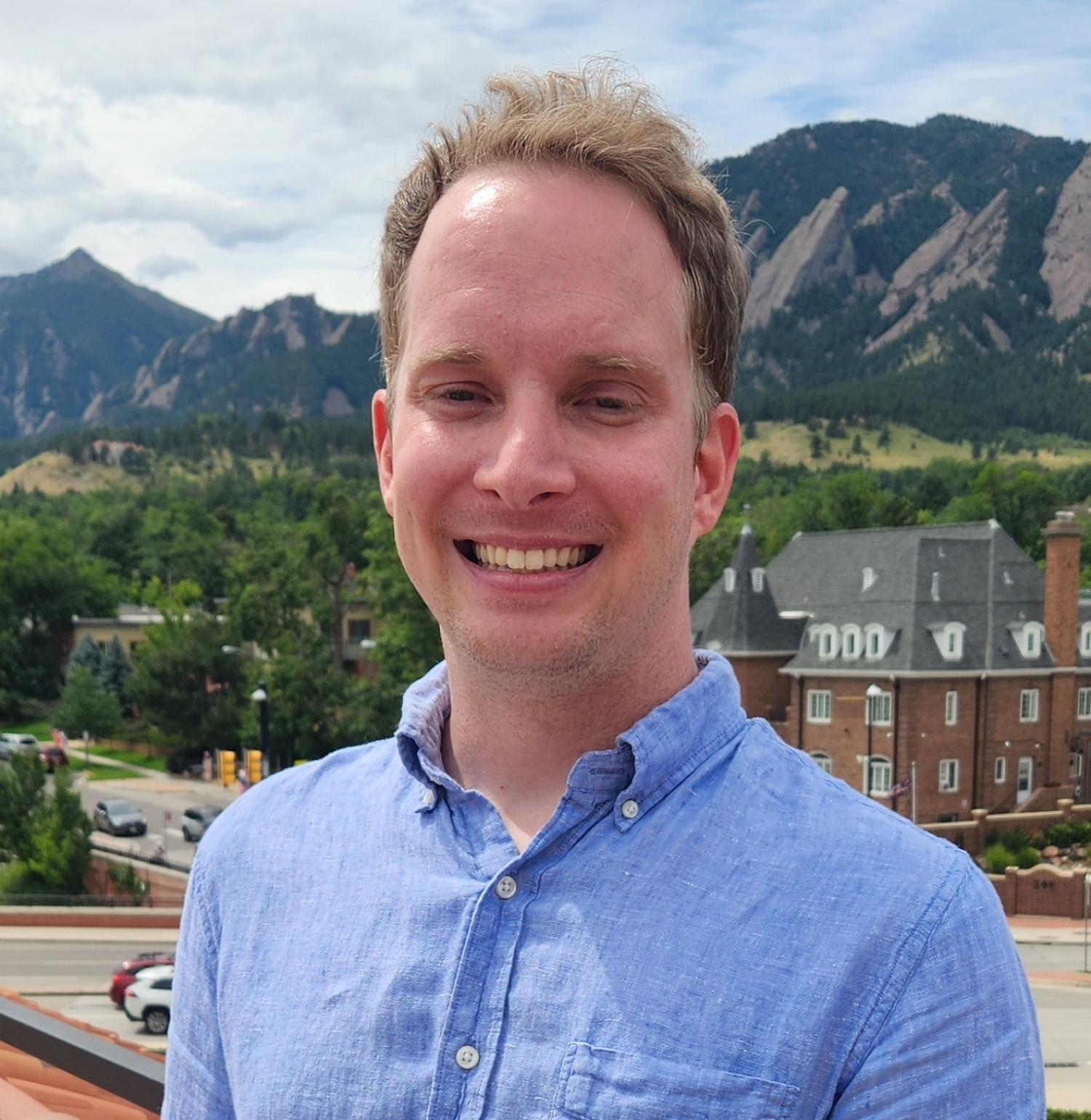 Brian Seckel photo in front of Boulder Flatirons