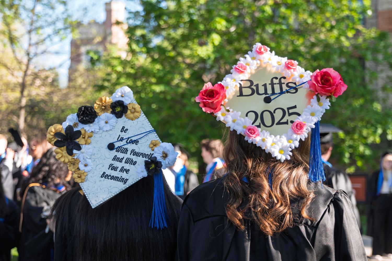 Commencement 2025 showing caps with Buffs 2025 and a "Be Yourself" message