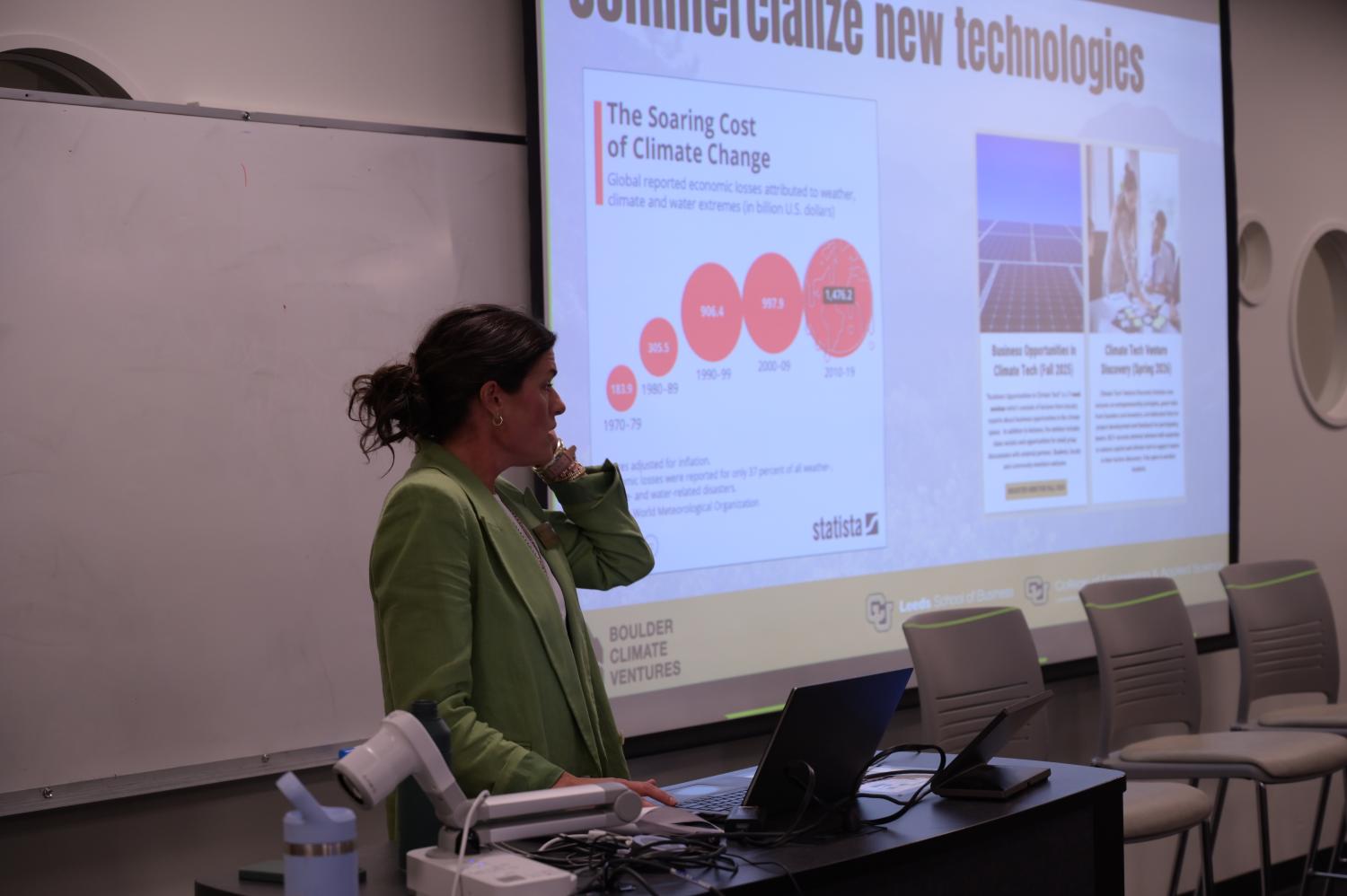 Katherine Ratledge introducing first session of Boulder Climate Ventures speaker series