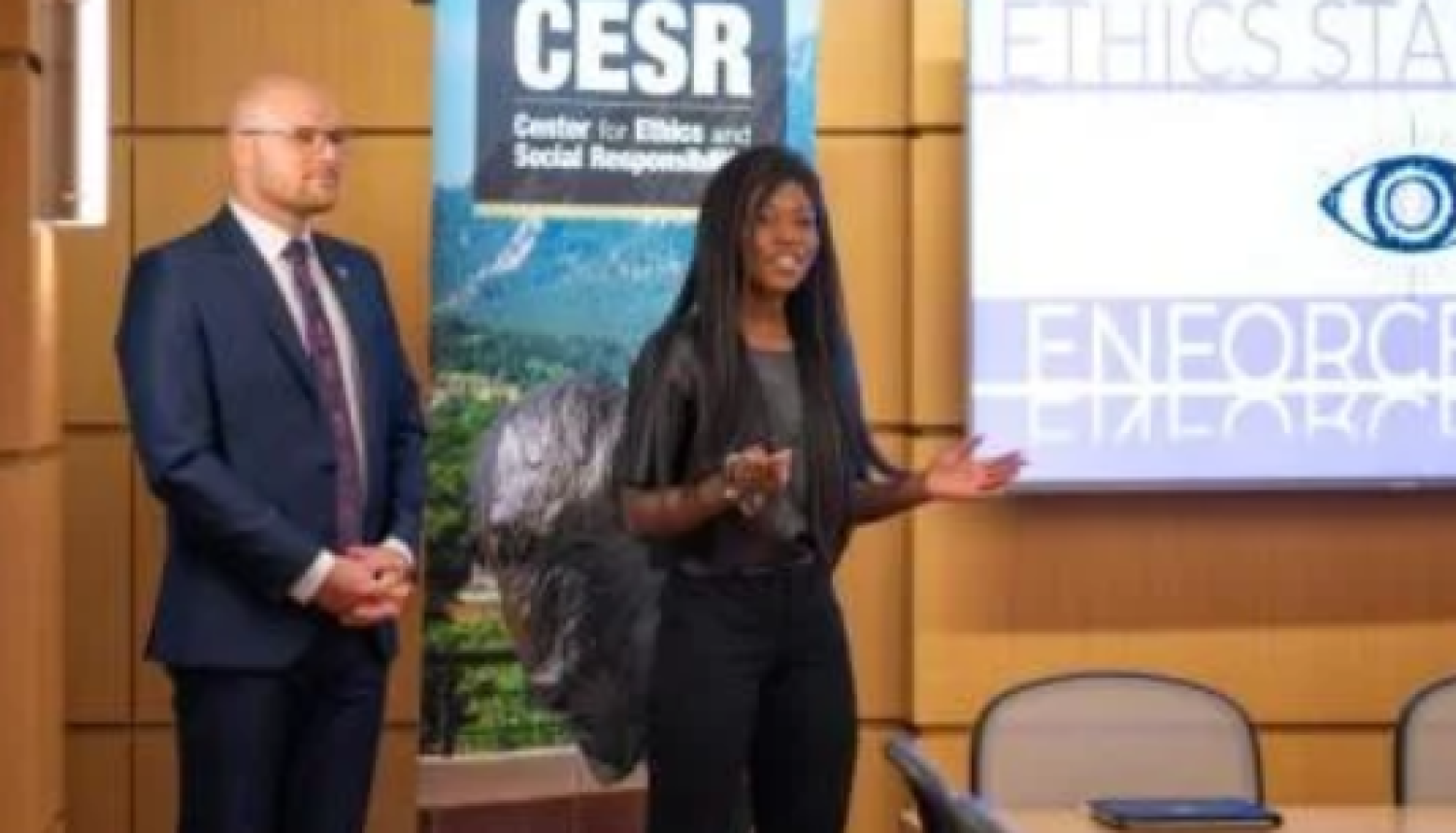 Image of student presenting in the Business Ethics Case Competition (BECC)