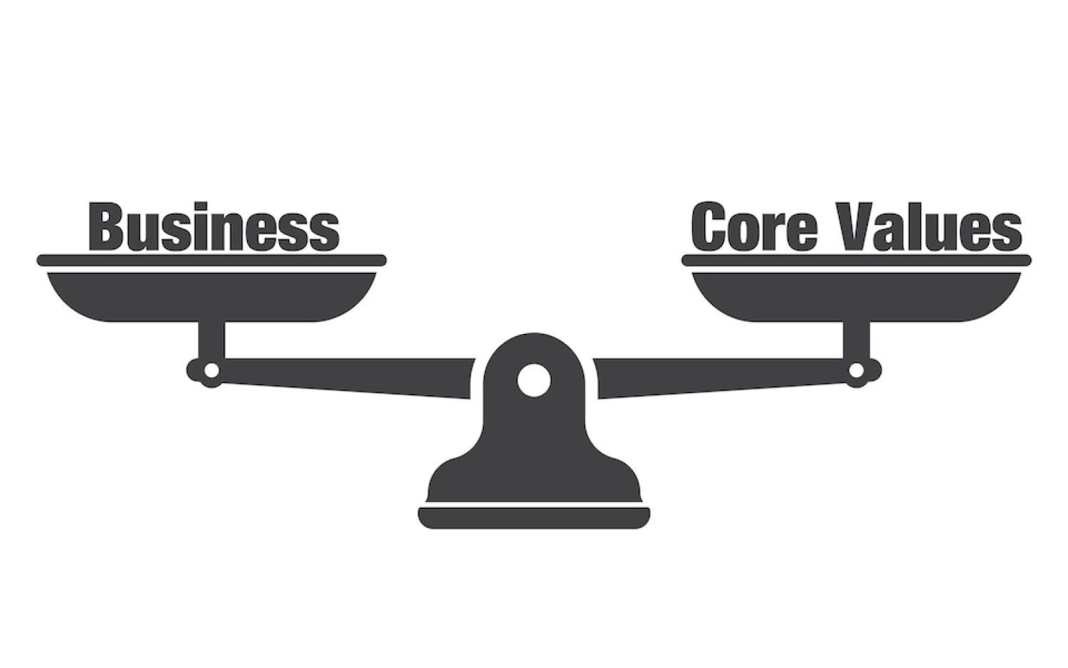 Image of a scale with text that reads "Business" and "Core Values"