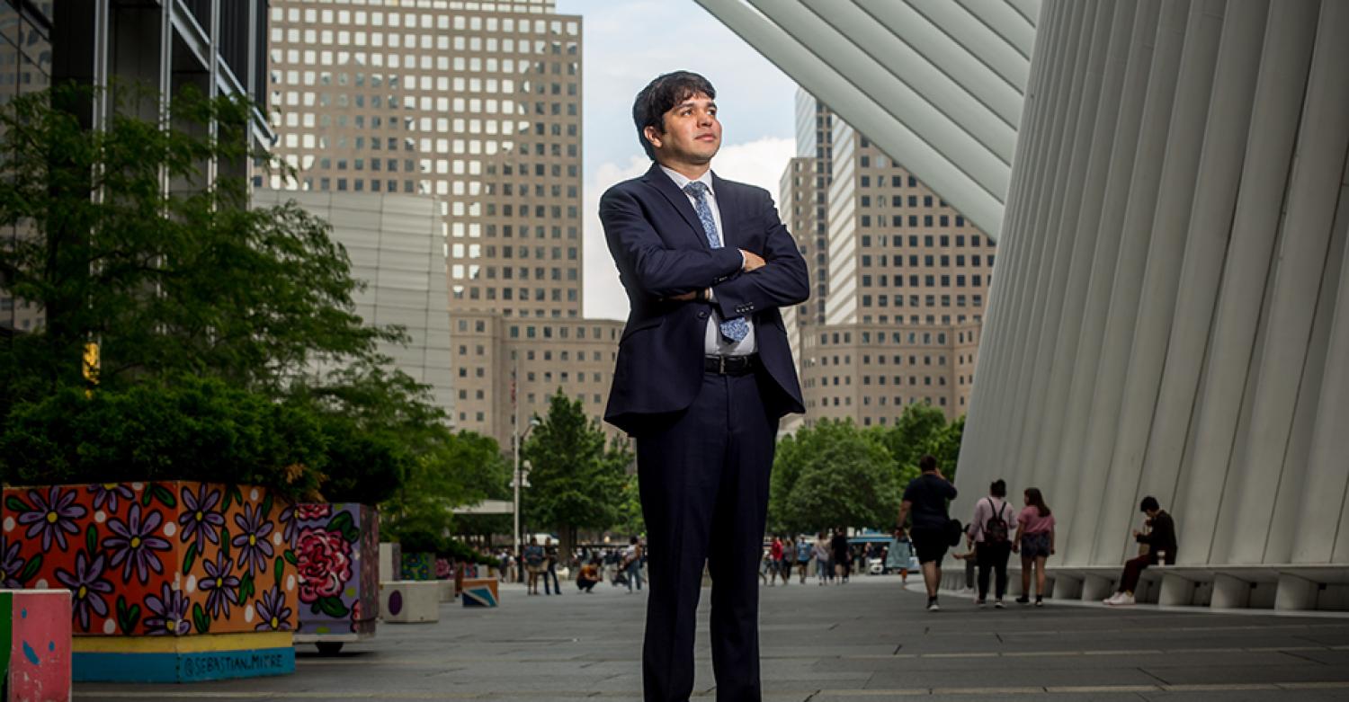 Diego Alvarez poses in downtown Manhattan near the World Trade Center.