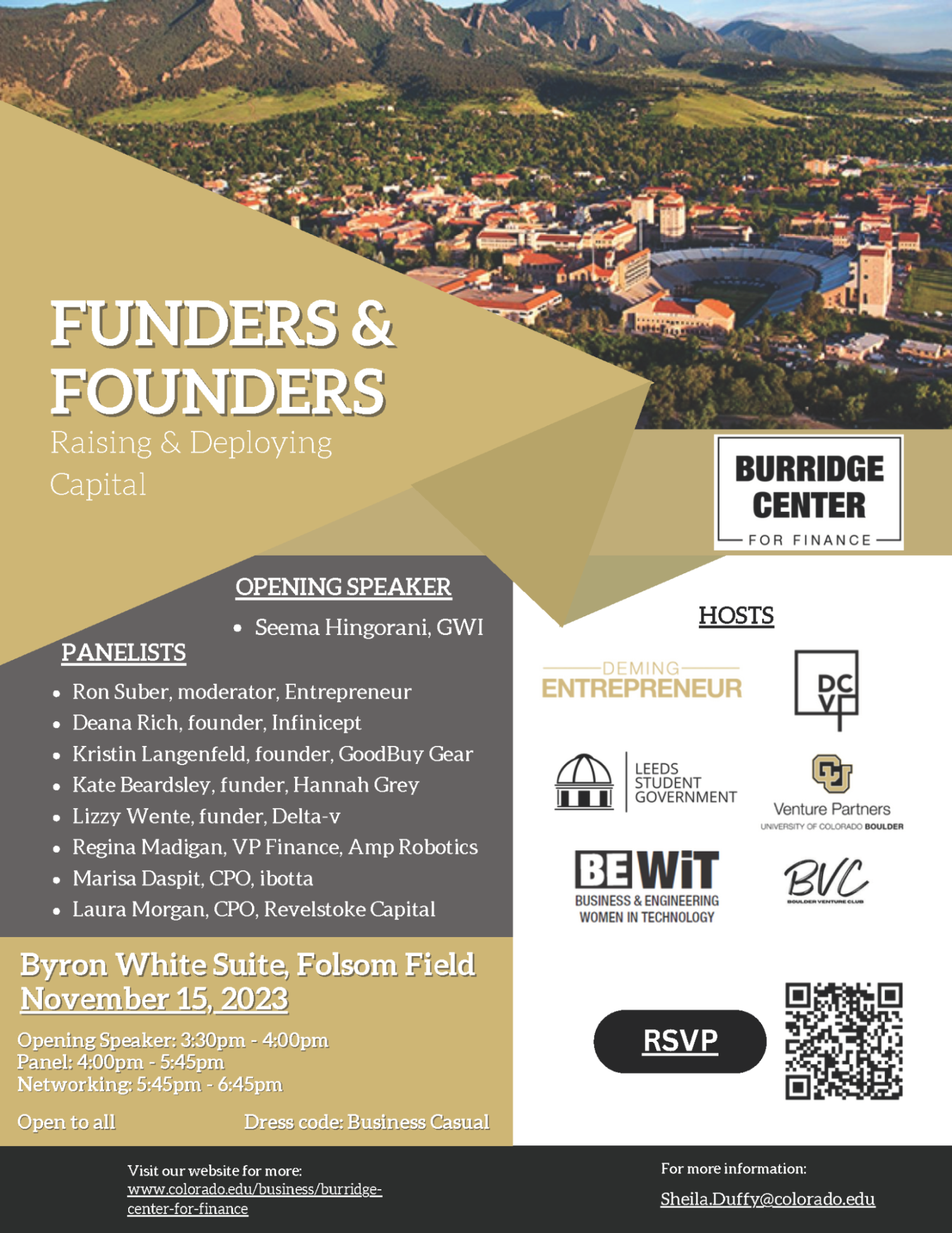 Flyer promoting the Burridge Center for Finance event Funders and Founders: Raising and Deploying Capital