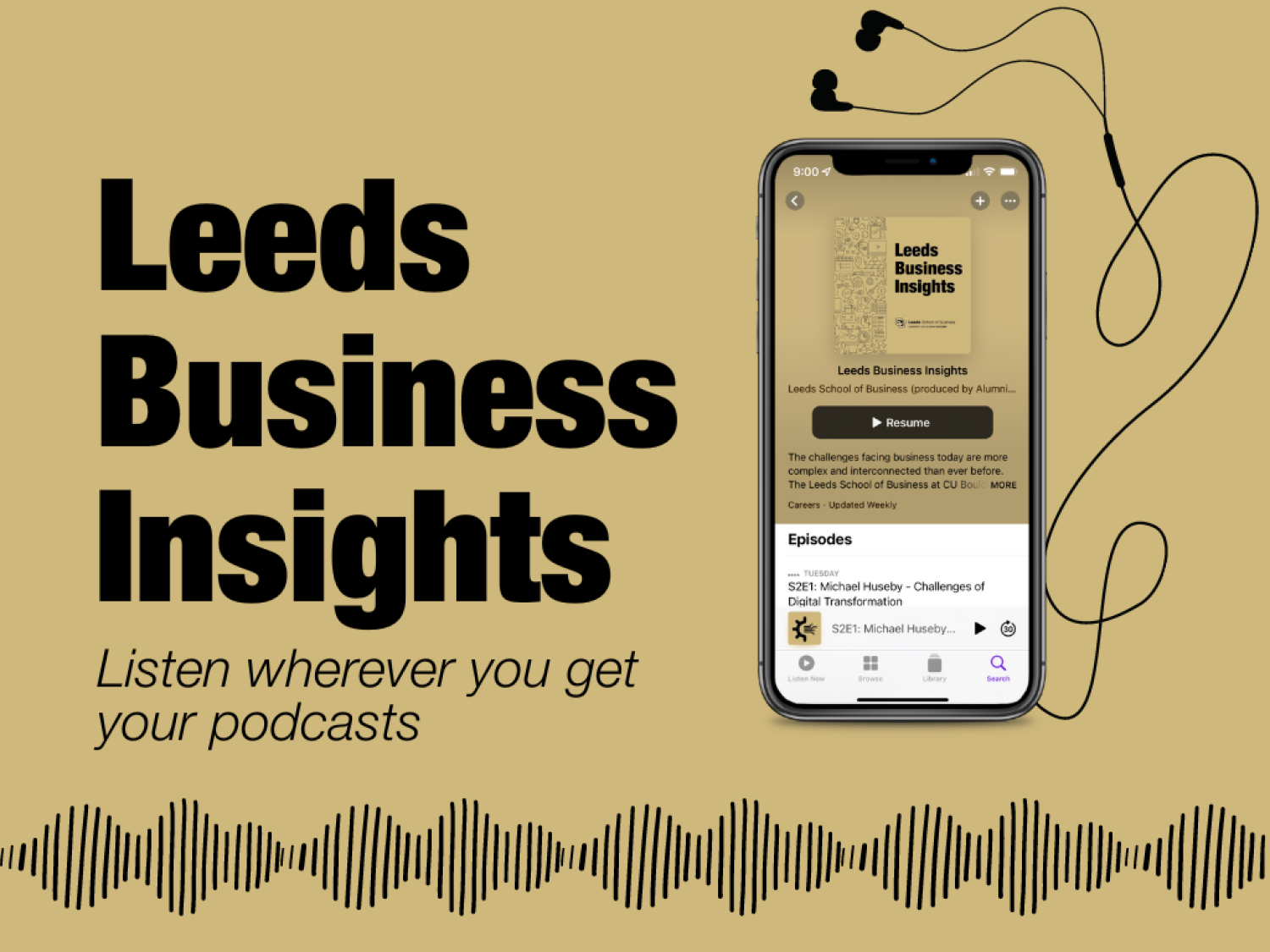 Leeds Business Insights plays on an Iphone with headphones plugged in.