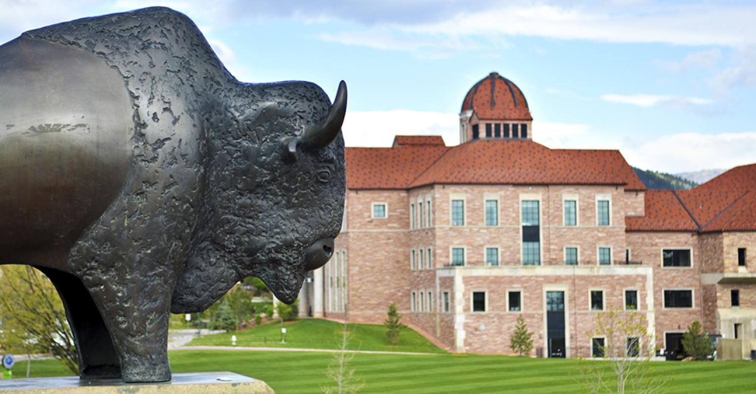 A beautiful spring day on the CU Boulder campus. Focus on a buffalo statue in the foreground; the Koelbel Building visible in the background.
