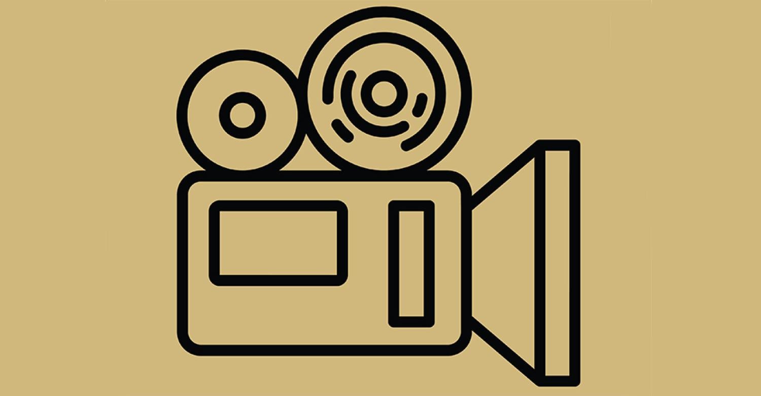 Line art of a film projector against a gold backdrop.