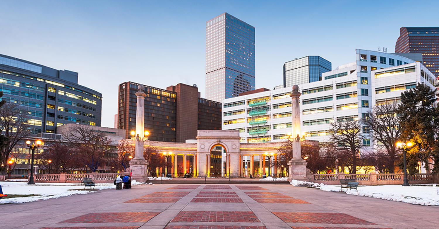 A closeup of a downtown Denver commercial district.