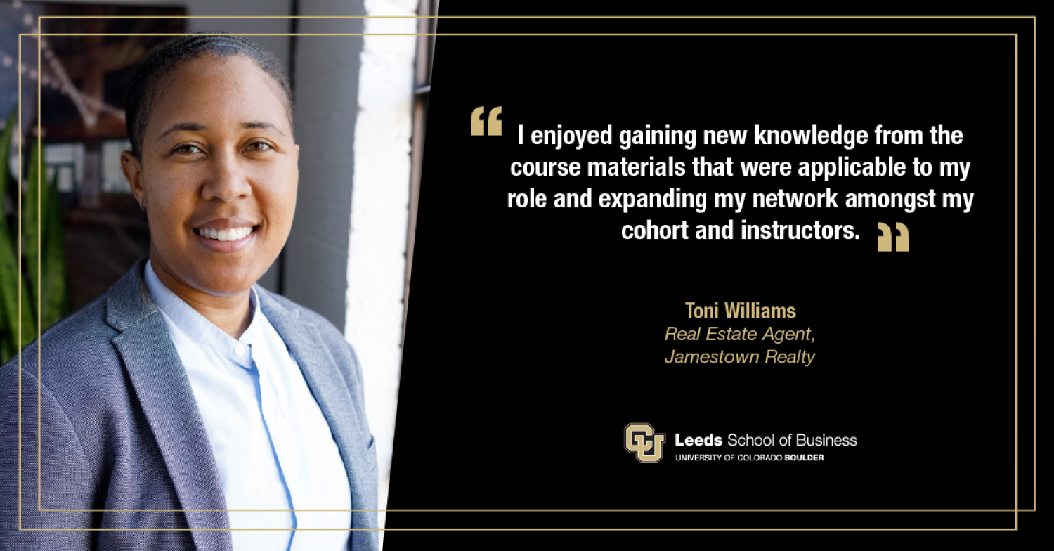 Headshot of Toni Williams, a previous student of Leeds Executive Education, with text that reads "I enjoyed gaining knowledge from the course materials that were applicable to my role and expanding my network amongst my cohort and instructors"