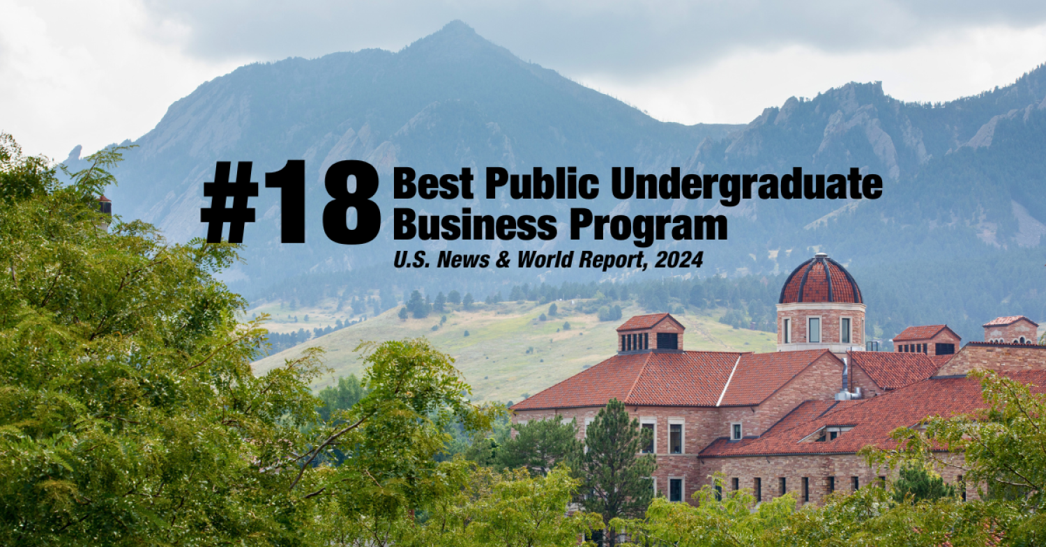 Photo of the Koelbel Building from a distance with the Flatirons in the background and foliage in the foreground. Text reads: #18 Best Public Undergraduate Business Program, U.S. News and World Report, 2024