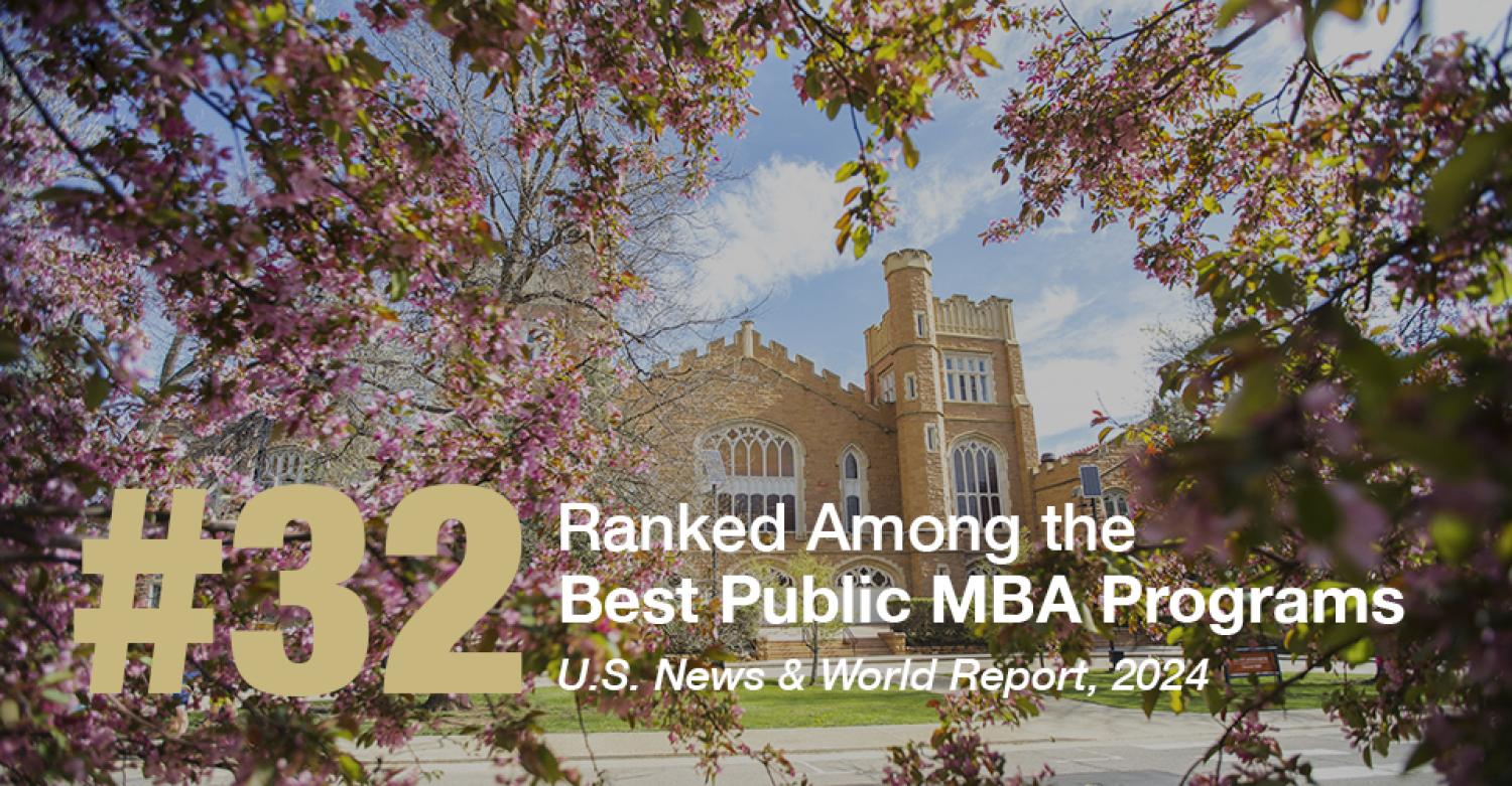 A spring scene on the CU Boulder campus. Overlaid text indicates Leeds has the #32 public MBA in the country.