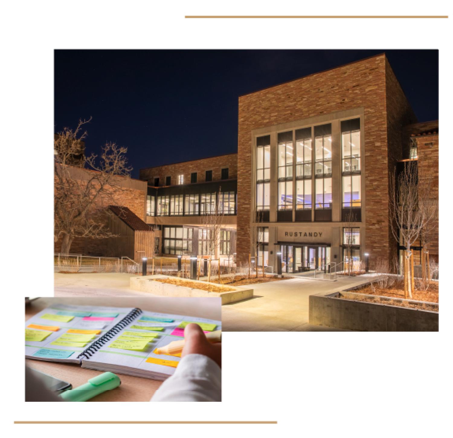 Photo of Rustandy building at night and an open notebook
