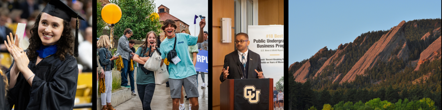 Photos of a woman clapping in graduation regalia; students cheering at Leeds Launch Day; Dean Khatri speaking at a podium: and the Flatirons.