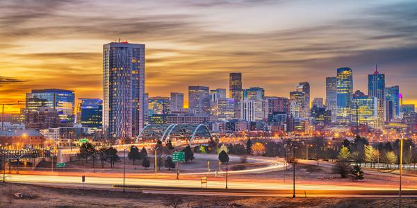 Denver at sunrise on an overcast morning.