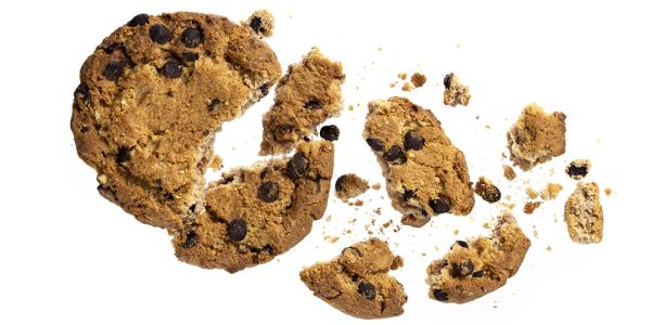 A chocolate chip cookie broken into many pieces against a white backdrop.