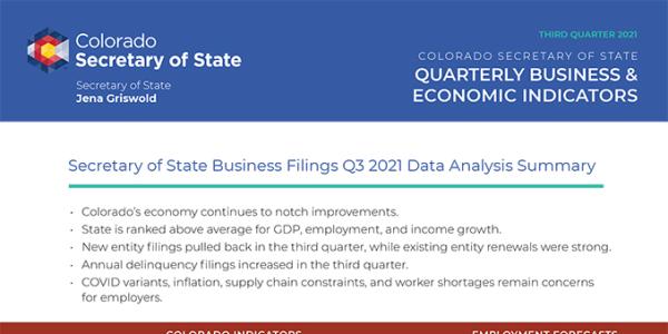 Cover page of the most recent indicators report, showing a dashboard charting various trends in Colorado.