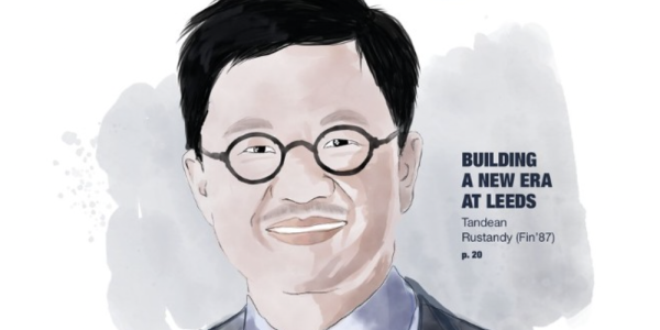 Illustration of Tandean Rustandy on the cover of the 2020 Business at Leeds magazine