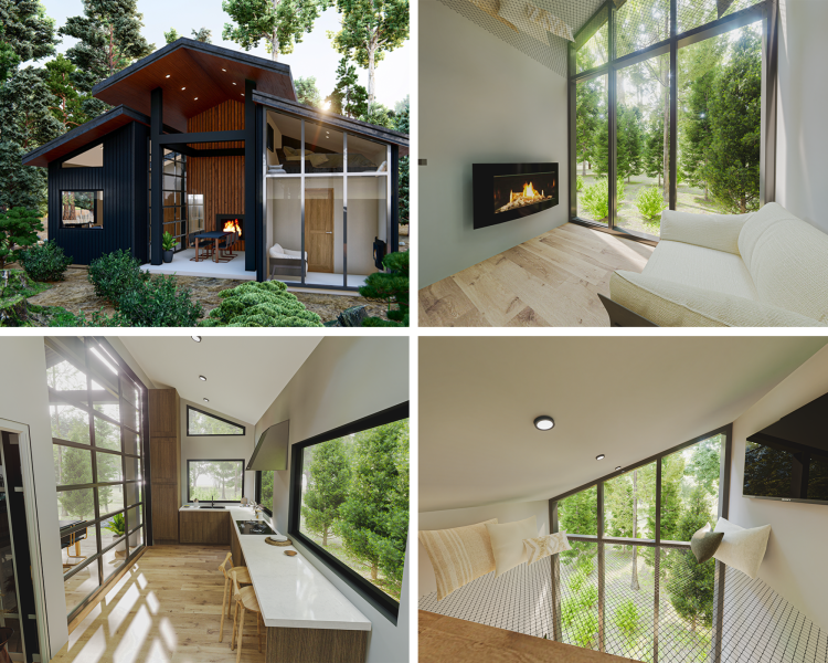Collage of four modern house renderings including exterior, kitchen, living room, and indoor hammock area