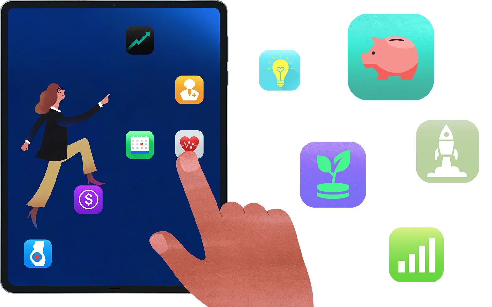 Illustration of a hand selecting apps on a tablet; apps float offscreen to the right