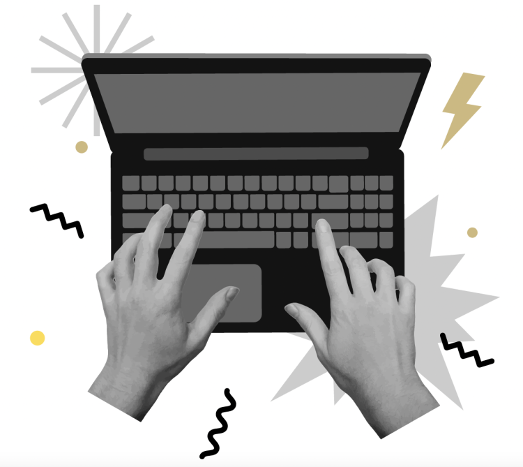 A digital illustration shows disembodied hands typing on a laptop with black and gold confetti accents surrounding the central image