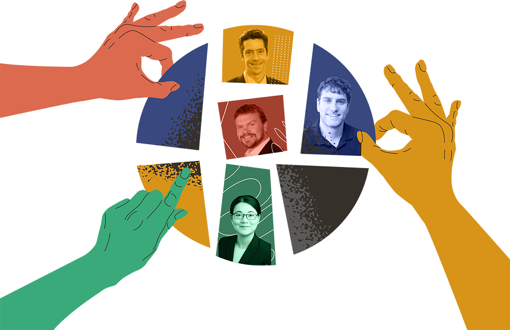 Pieces of a pie-shaped graphic with faculty photos in them