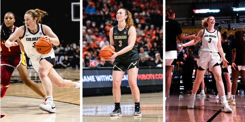 Collage of photos showing Frida Formann on the basketball court