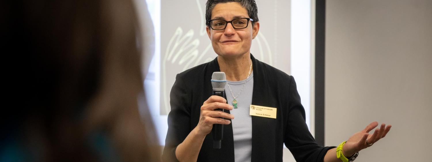 Yonca Ertimur addresses students during the 2023 Women's Collective event