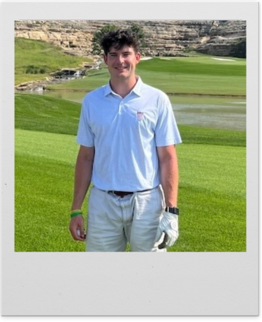 Connor Van Kirk poses on a golf course in a polaroid-style frame