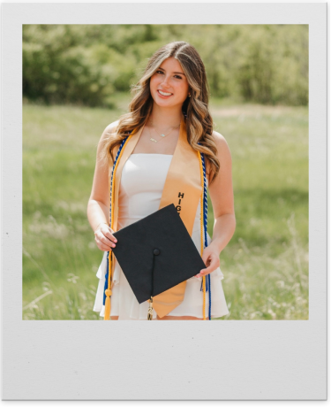 Jaidyn Shirley poses in graduation regalia in a photo with a polaroid-style frame