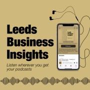 Leeds Business Insights plays on an Iphone with headphones plugged in.