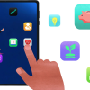 Illustration of a hand selecting apps on a tablet; apps float offscreen to the right