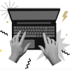 A digital illustration shows disembodied hands typing on a laptop with black and gold confetti accents surrounding the central image