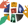 Pieces of a pie-shaped graphic with faculty photos in them