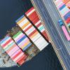 A full container ship passes under a bridge, where a lone truck is driving.