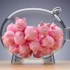 A glass piggy bank full of identical piggy banks.