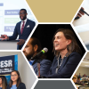 Hexagonal tiles alternate between CU colors and images, including students delivering presentations, Kathryn Wendell speaking on a panel, a hand writing on a stack of papers and students in a classroom.