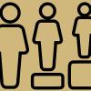 Line art of three people against a gold backdrop.