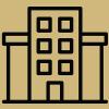 Line art of an office building on a gold backdrop.