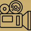 Line art of a film projector against a gold backdrop.