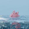 A piggy bank is mostly underwater in a pool. Also floating is U.S. paper currency.