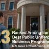 A student walks into the Koelbel Building. Overlaid text indicates Leeds' ranking of 23rd among public business schools in US News & World Report.