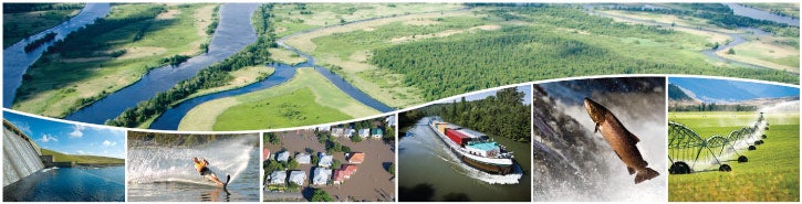 river and surrounding flood meadows, reservoir and dam, water skier, flooded houses, river barge, salmon jumping upstream, farm irrigation system