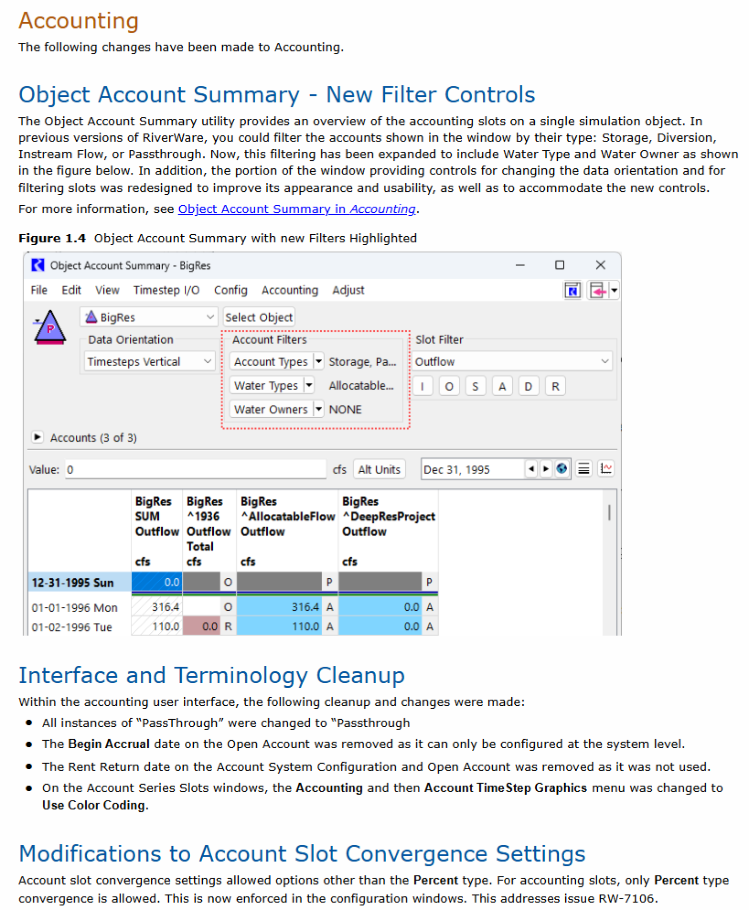 image of RiverWare open on a desktop showing updates listed to Accounting functions in RiverWare