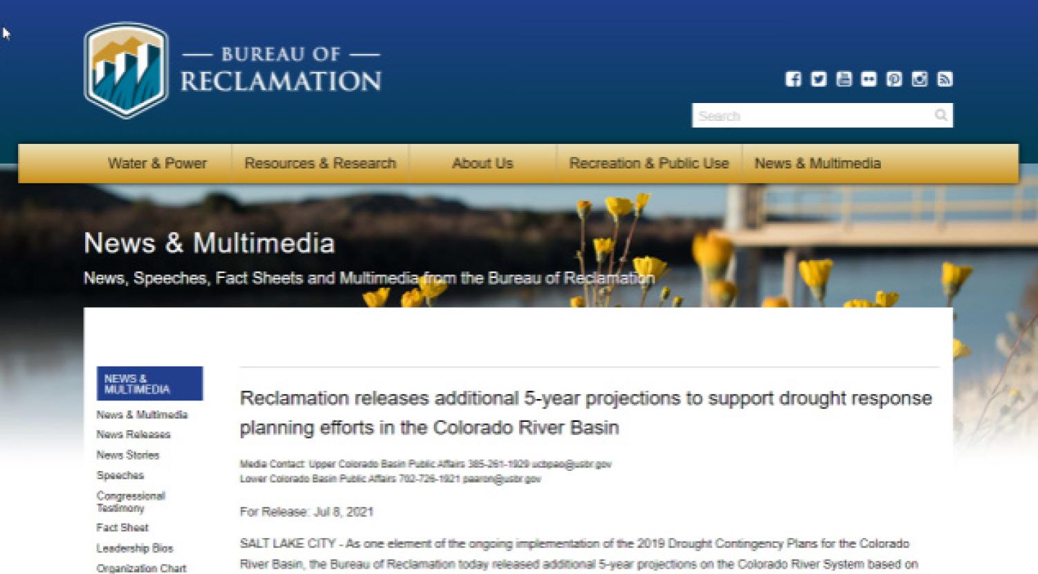 BOR news and multi media page with Colorado River Basin press release