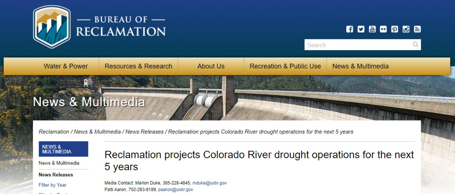 Bureau of Reclamation website with news release headed, "Reclamation projects Colorado River drought operations for the next 5 years"