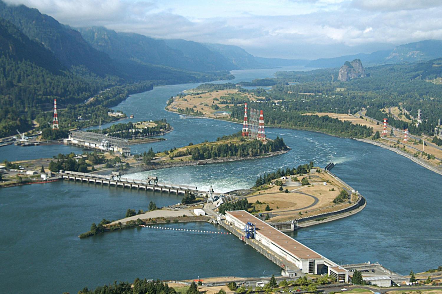 Aerial view of a BPA dam on columbia river