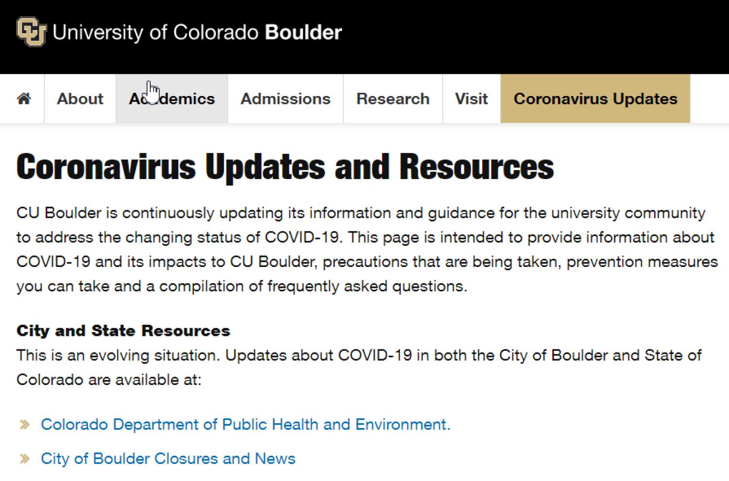 CU Boulder COVID-19 information website