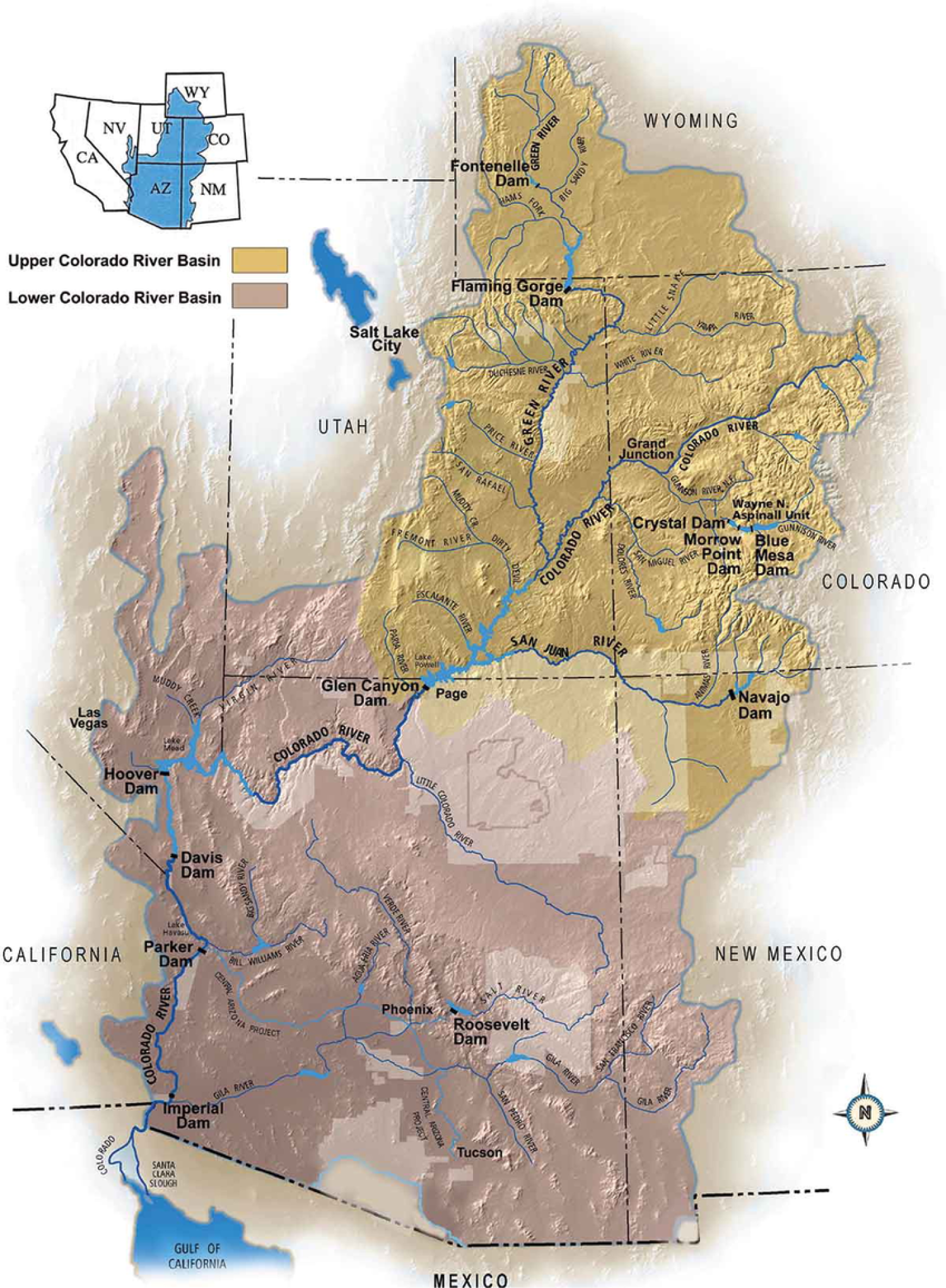 map of the CO river basin with major dams and reservoirs